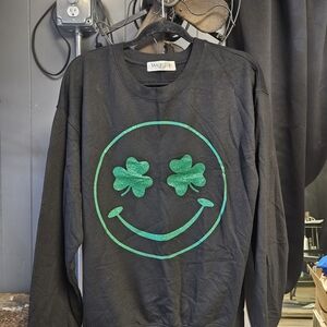 Wound Up Black Sweatshirt with Green Shamrock Smiley